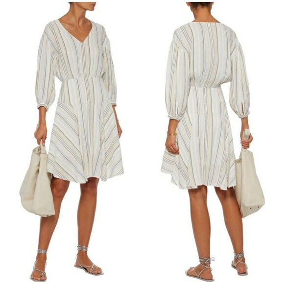 💕ATM💕 Asymmetric Striped Linen Viscose Blend Dress ~ Ivory Multi-Color Print 6 - Picture 2 of 15